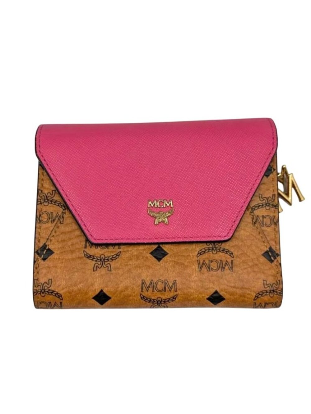Pre-owned MCM Visetos Monogram Saffiano Trifold Wallet Cognac Pink